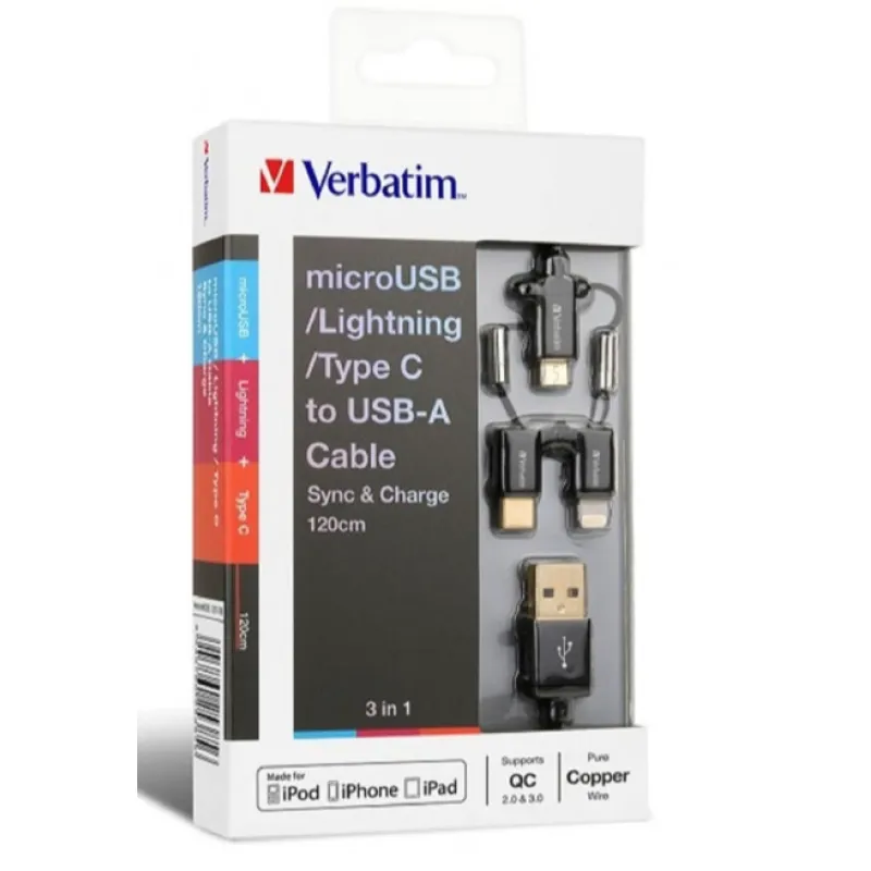 Verbatim - 120cm Sync & Charge 3 in 1 Lighting, type C and Micro USB Cable Black