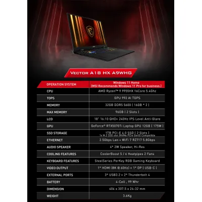 MSI Vector A18 HX A9WIG / A9WHG Gaming Notebook 電競手提電腦  R9 9955HX | RTX5080/5070 TI | 64/32GB | 2/1TB | 18" QHD+ IPS 240Hz DCI-P3 100% - Vector A18 HX A9WHG ( RTX5070Ti )