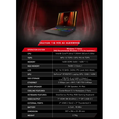 MSI Vector 16 HX AI A2XWIG / A2XWHG Gaming Notebook 電競手提電腦  U9 275HX/255HX | RTX5080/5070 TI | 16GB | 1TB | 16 QHD+ IPS 240Hz - Vector 16 HX AI A2XWHG（RTX5070Ti）