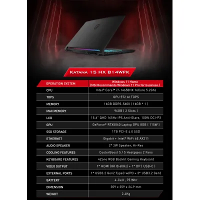 MSI Katana 15 HX B14WGK / B14WFK Gaming Notebook 電競手提電腦  i7-14650HX | RTX5070/5060 | 16GB | 1TB | 15.6" QHD IPS 165Hz - Katana 15 HX B14WFK ( RTX5060 )